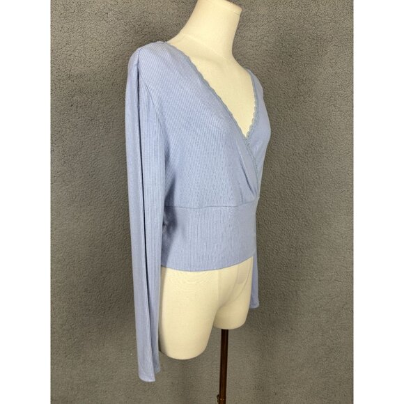 Sugar Moon Juniors' Cozy Ribbed Wrap Top Delicate Lace Trim Blue Extra Large NWT - Picture 3 of 8